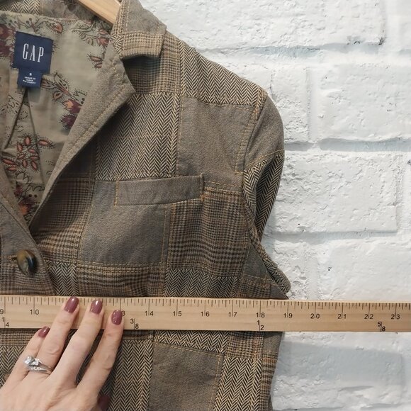 Vintage GAP Jacket Womans 8 Brown Houndstooth Plaid Patchwork Blazer Y2K Cotton. - Picture 12 of 16